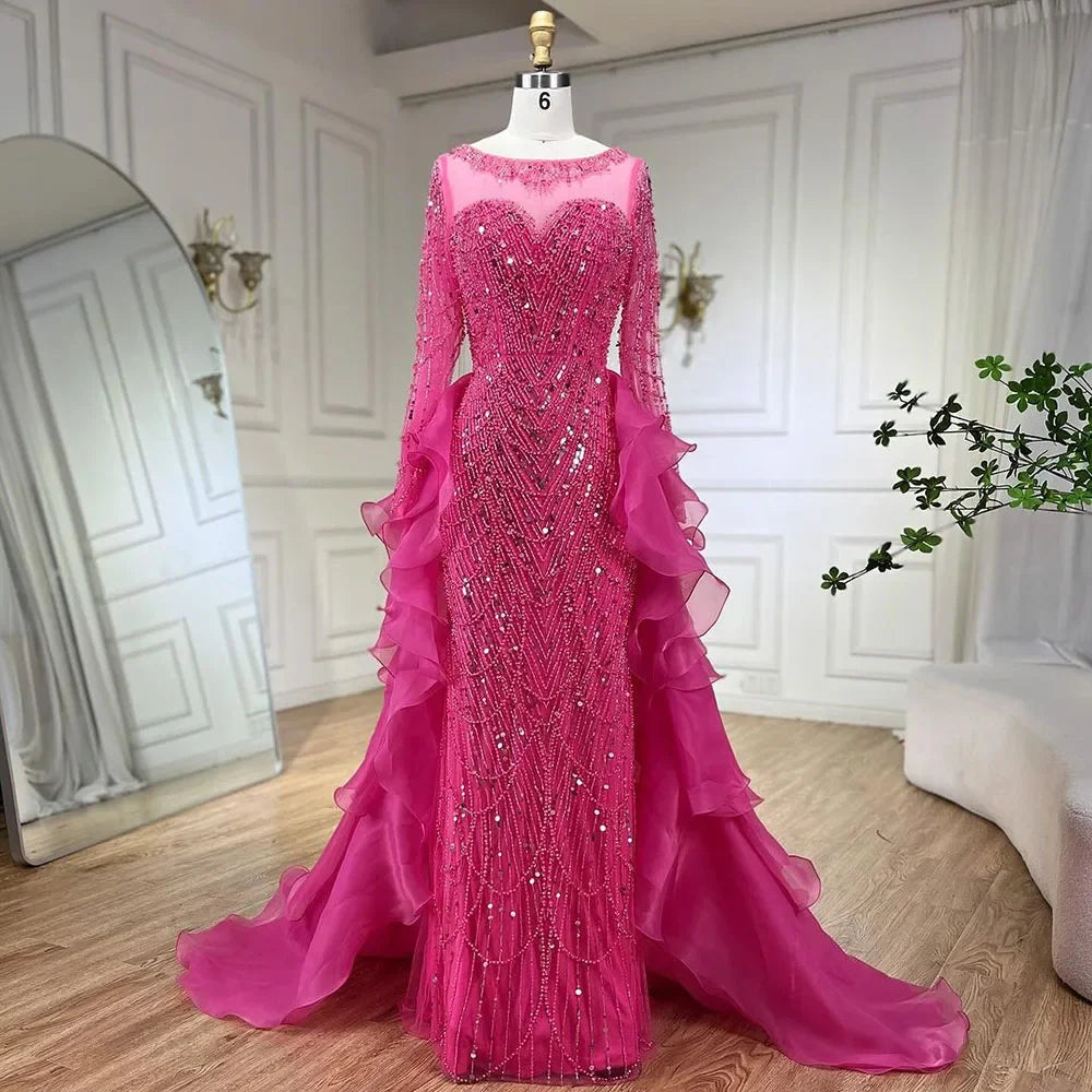 Vestido de noche largo estilo sirena fucsia con cuentas y falda de tul, de lujo, estilo Dubái, para mujer, para boda, fiesta, 2025, LA72379