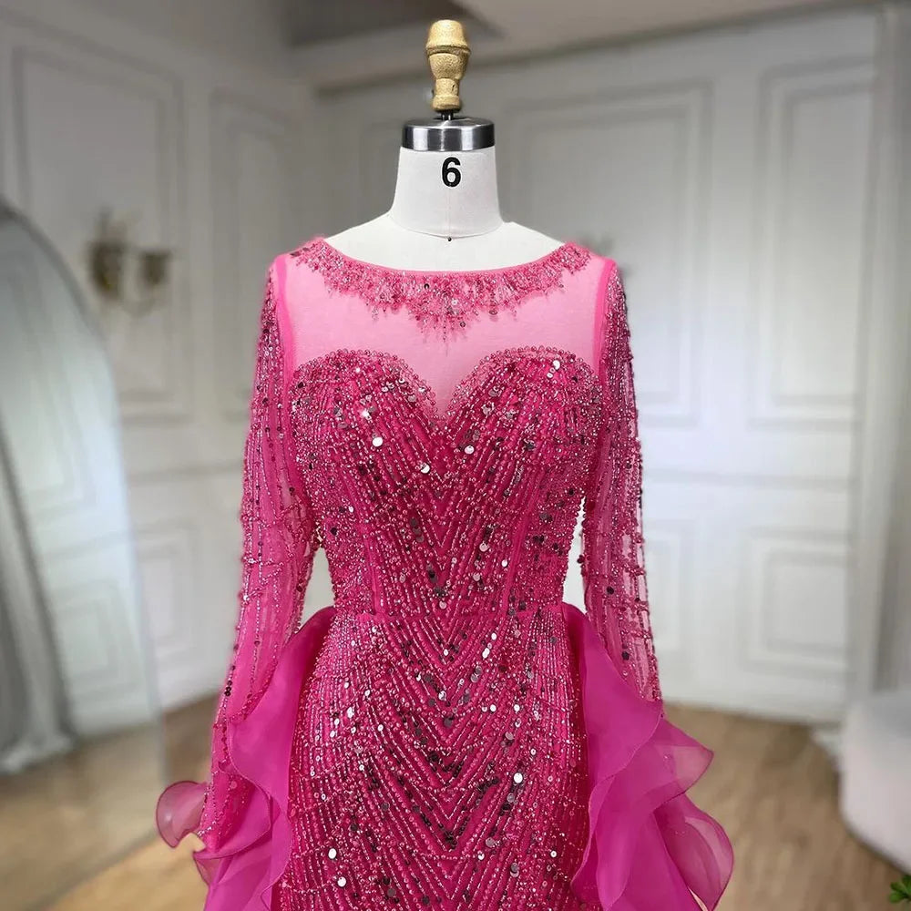 Vestido de noche largo estilo sirena fucsia con cuentas y falda de tul, de lujo, estilo Dubái, para mujer, para boda, fiesta, 2025, LA72379
