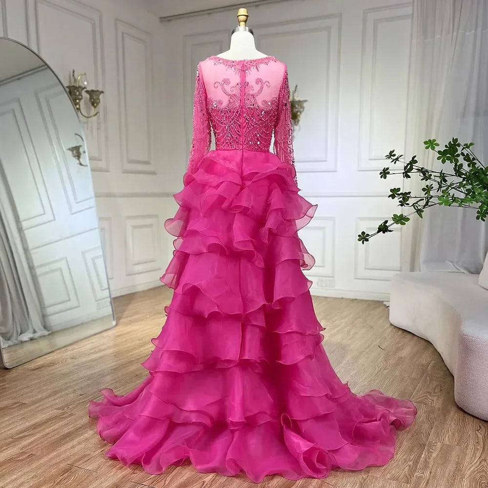 Vestido de noche largo estilo sirena fucsia con cuentas y falda de tul, de lujo, estilo Dubái, para mujer, para boda, fiesta, 2025, LA72379
