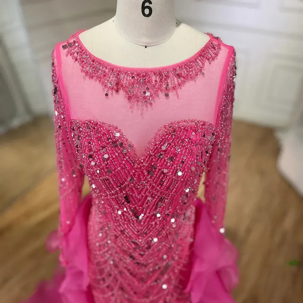 Vestido de noche largo estilo sirena fucsia con cuentas y falda de tul, de lujo, estilo Dubái, para mujer, para boda, fiesta, 2025, LA72379