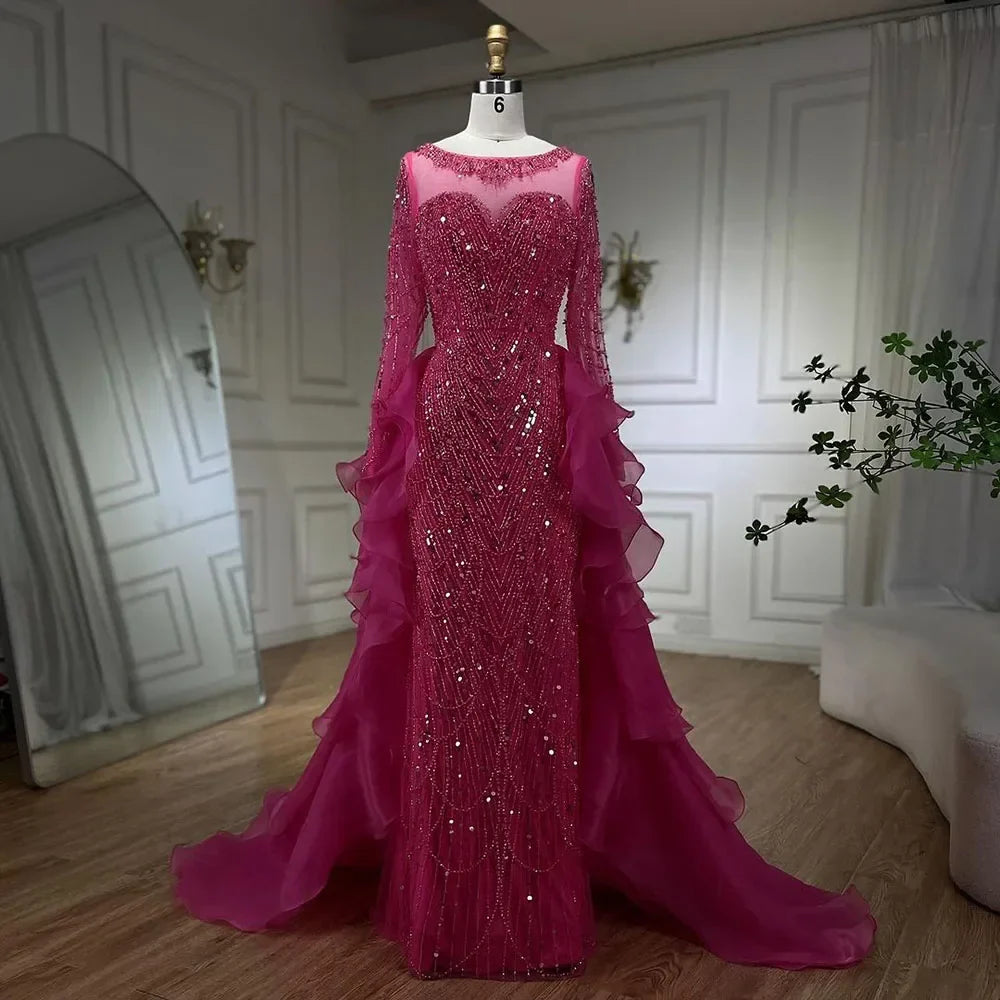 Vestido de noche largo estilo sirena fucsia con cuentas y falda de tul, de lujo, estilo Dubái, para mujer, para boda, fiesta, 2025, LA72379