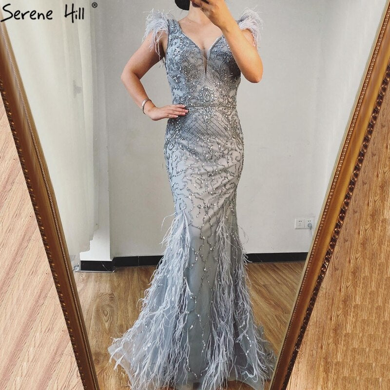 Lilac Mermaid V-Neck Evening Dresses 2025 Feathers Beading Luxury Sexy Formal Dress LA70572