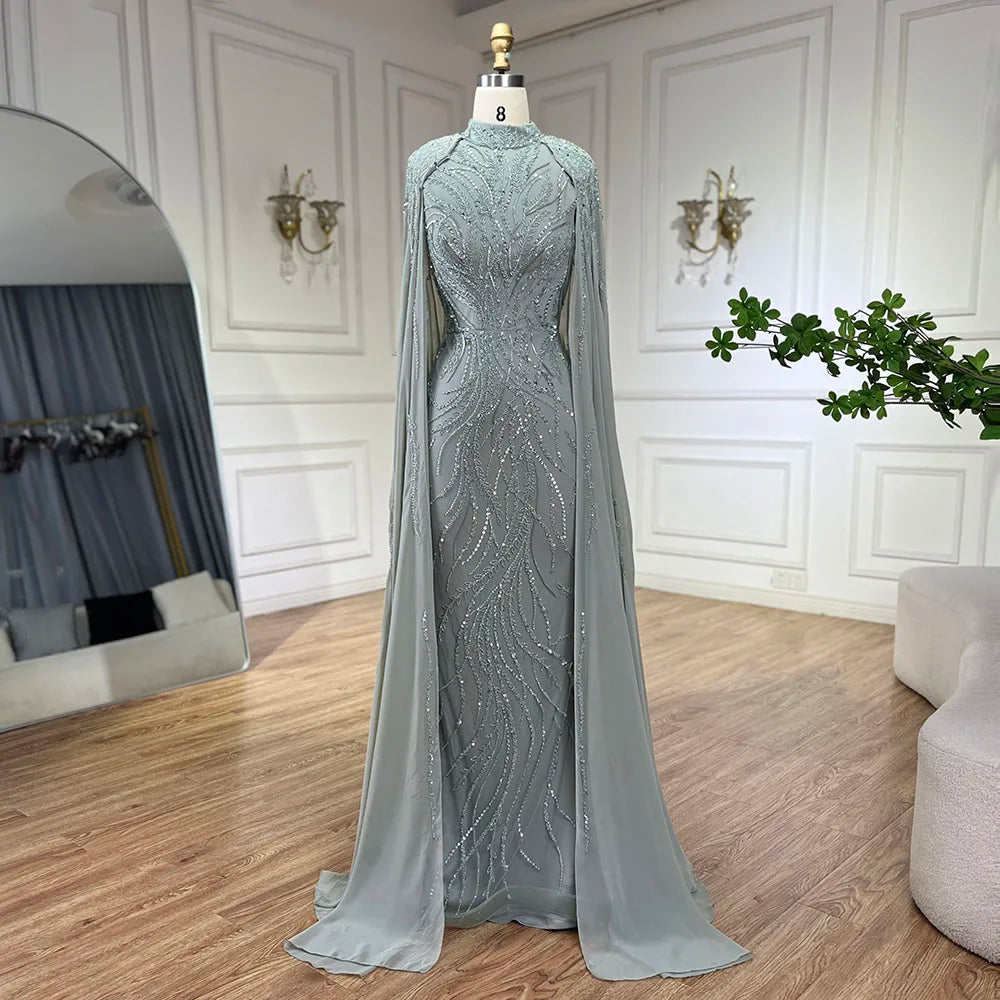 Muslim Sage Green Mermaid Cape Sleeves Beaded Satin Luxury Evening Dresses Gowns for Women Party 2025 LA72413A