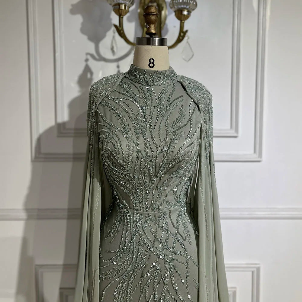 Muslim Sage Green Mermaid Cape Sleeves Beaded Satin Luxury Evening Dresses Gowns for Women Party 2025 LA72413A