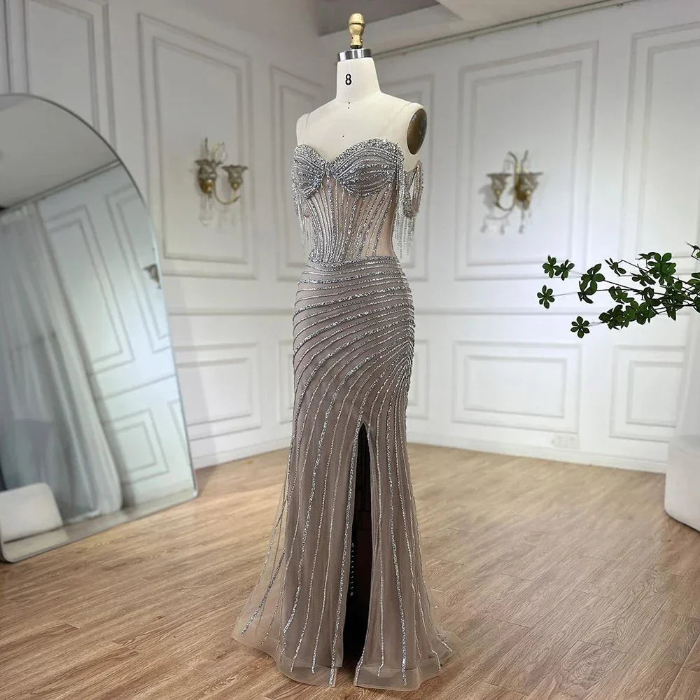 Splitter nude Boot-ausschnitt Split Meerjungfrau Elegante Perlen Quaste Abendkleider Kleider Für Frau Hochzeit Party 2025 LA72391