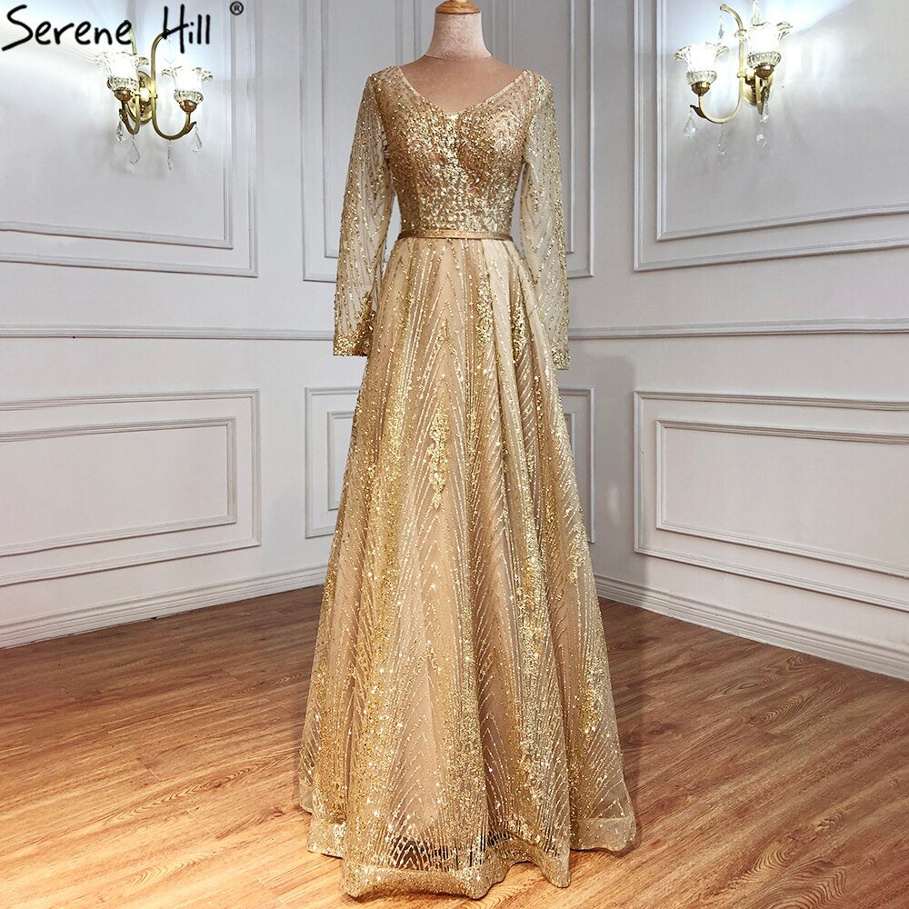 Muslimische Luxus-Abendkleider in Grau 2025 A-Linie mit Perlen verziert, lange Ärmel für Damen, Hochzeitsfeier LA70819