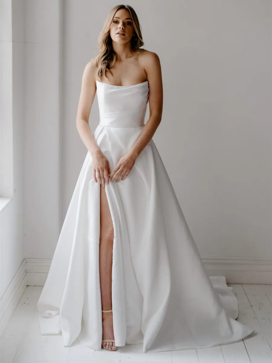 Sexy A-Line Bridal Gown Strapless High Side Slit Pleated Satin Wedding Dress Chapel Train Custom Women 2023 Vestido De Novia-payinti