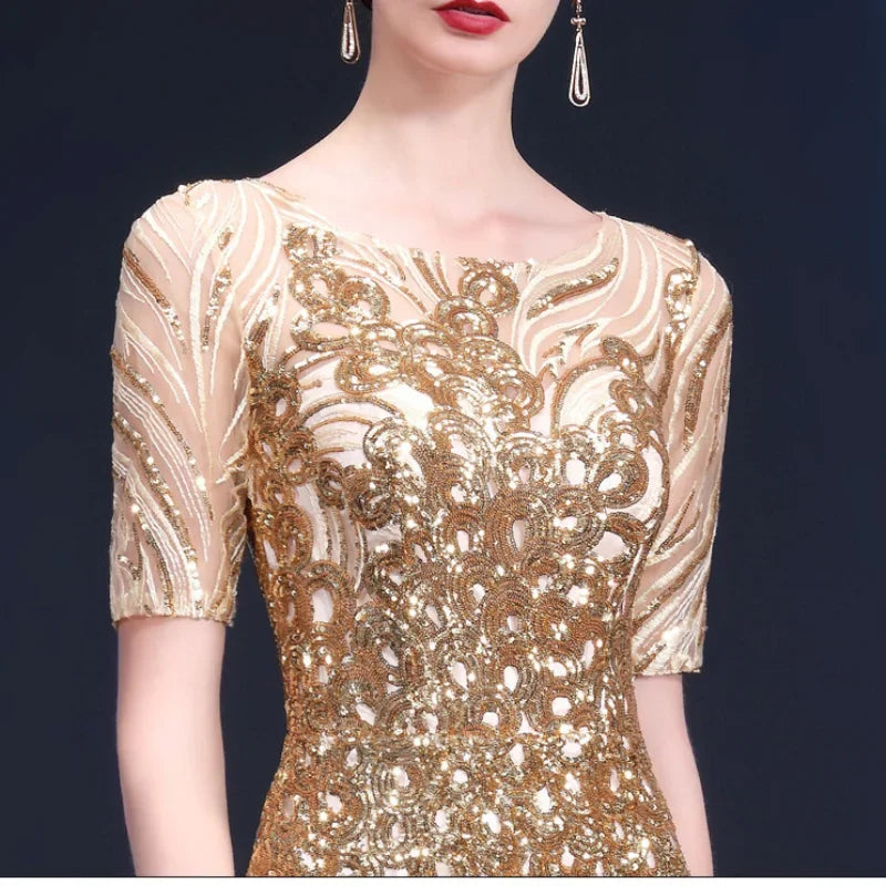 Sexy Applique Long Prom Dress Champagne Color Evening Dresses Tulle Elegant Short Sleeve Maxi Robes Women Party Mermaid Dress-payinti