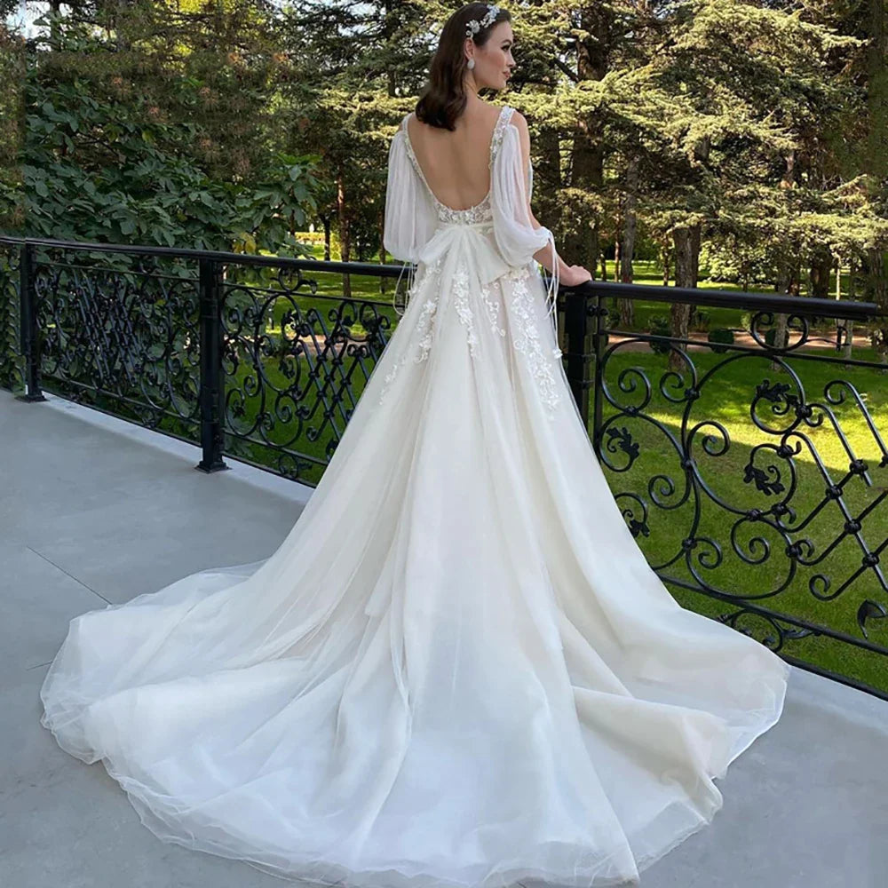 Sexy Deep V Neck Wedding Dress A-Line 3/4 Sleeve Open Back Tulle Lace Appliquéd Boho Bridal Gown Vestidos Custom-payinti