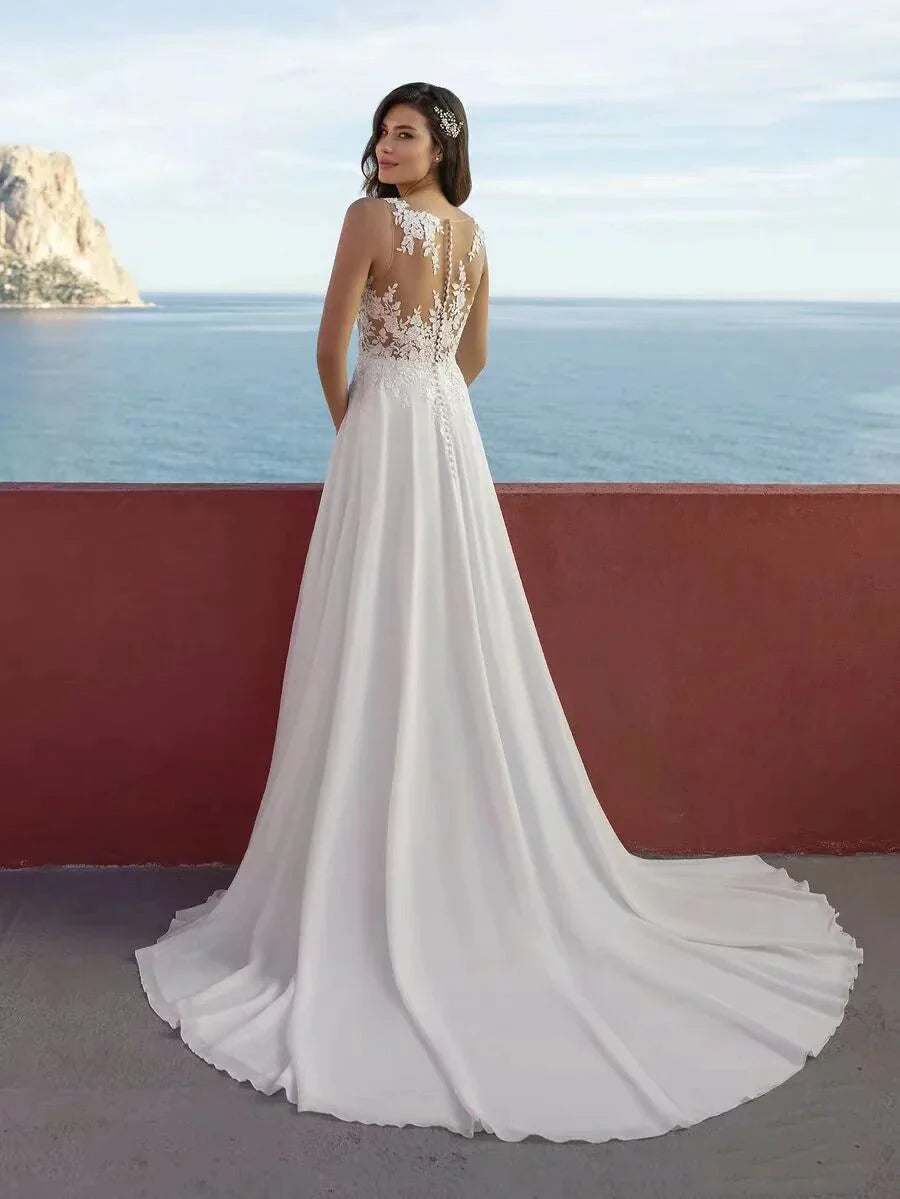 Sexy High Split Boho Chiffon Beach Wedding Dresses Summer V Neck Illusion Back Lace Bride Wedding Gowns Vestidos De Noiva-payinti