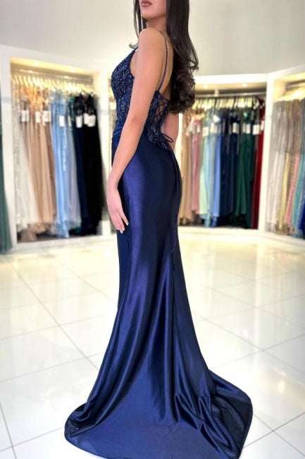 Sexy Langes Marineblaues Meerjungfrau V-Ausschnitt Spaghettiträger Spitzen-Ballkleid Mit Schlitz