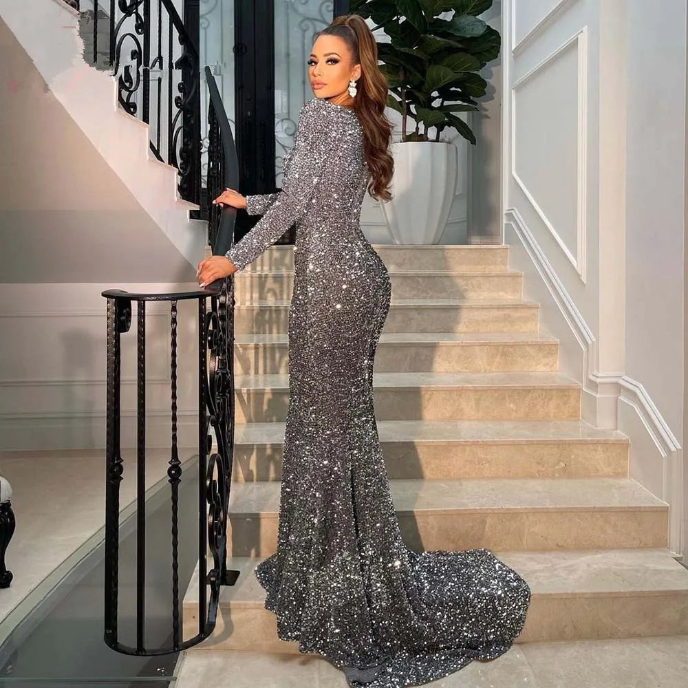 Sexy Mermaid Evening Dresses 2023 For Women Long Sleeves Sweetheart Velour Sequin Wedding Formal Prom Party Gowns Robe De Soiree-payinti