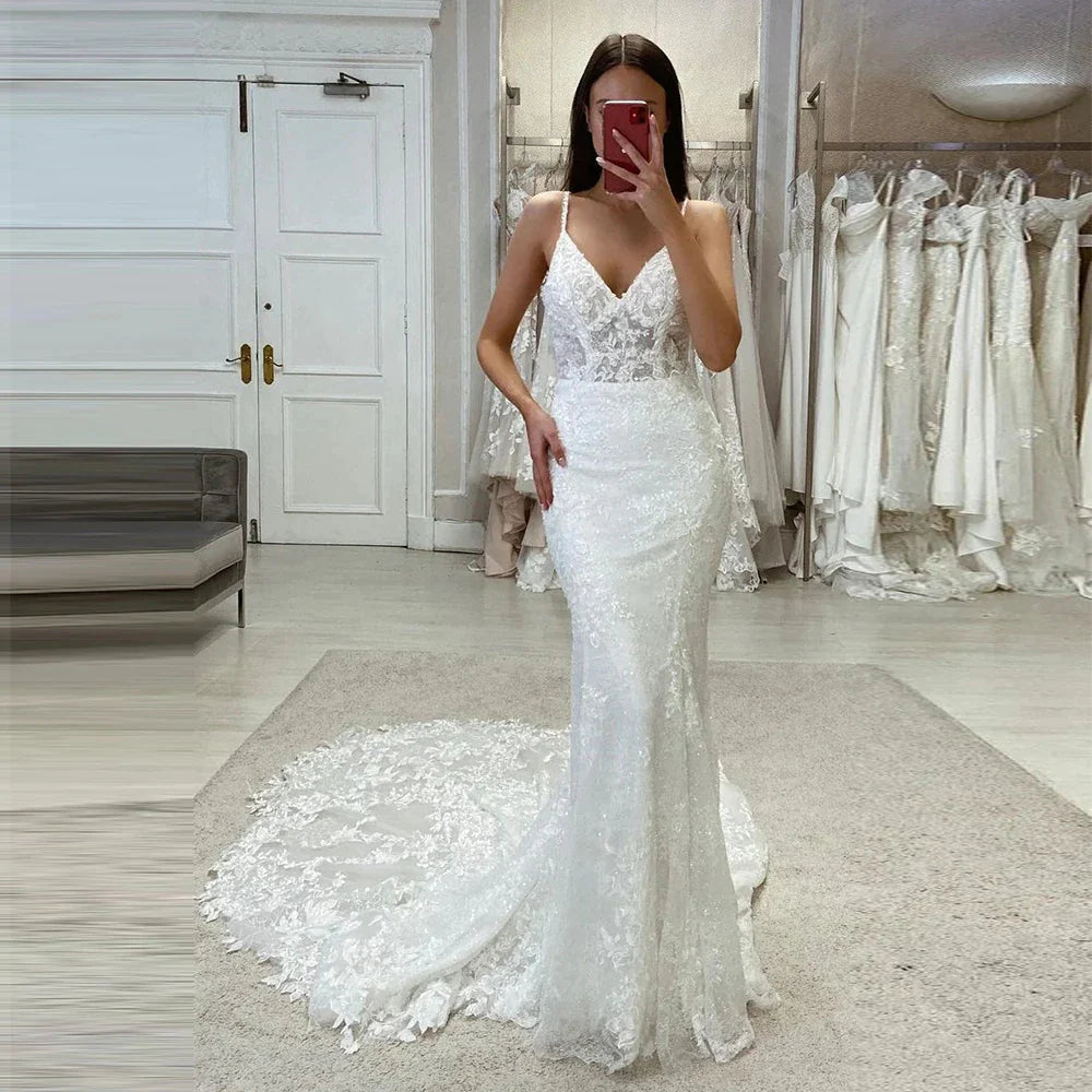 Sexy Off Shoulder Mermaid Mopping Wedding Dresses V Neck Bride Gowns Sleeveless Bridal Robes Appliques Backless Lace Charming-payinti