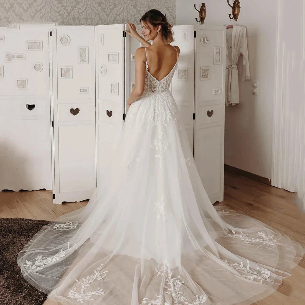Sexy Off Shoulder Sleeveless Mopping Wedding Dresses Spaghetti Straps V-Neck Simple White Backless Pleat Princess Bride Gowns-payinti