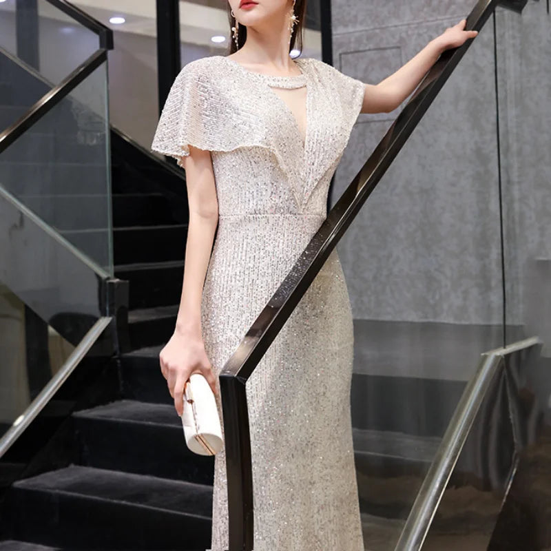 Sexy Sequined Elegant Evening Dresses Slim Waist V-neck Robe Chic Sleeves Party Dress 2023 Summer Trumpet Women Shiny Vestidos-payinti
