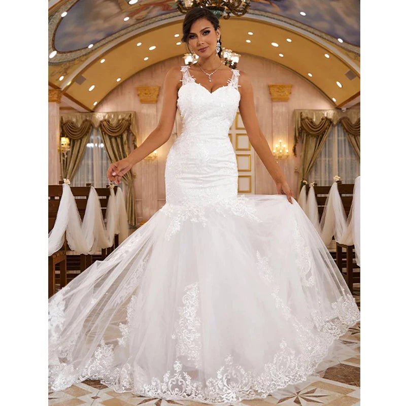 Sexy Sleeveless Sweetheart Wedding Dresses Women Gorgeous Lace Applique Mermaid Bridal Gowns Pleated Backless Formal Party Robe-payinti
