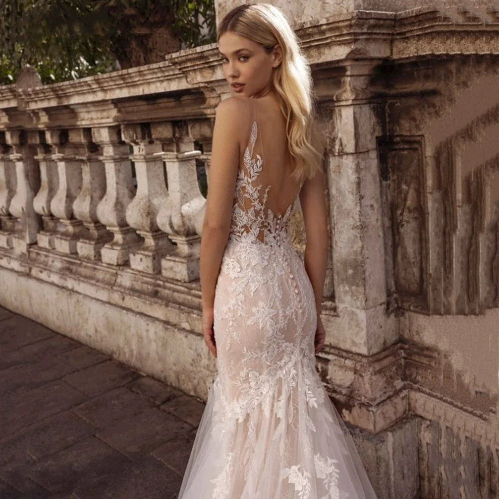 Sexy Spaghetti Straps Vestidos De Novia Lace V-Neck Mermaid Wedding Dresses Appliques Backless Vestido De Noiva-payinti