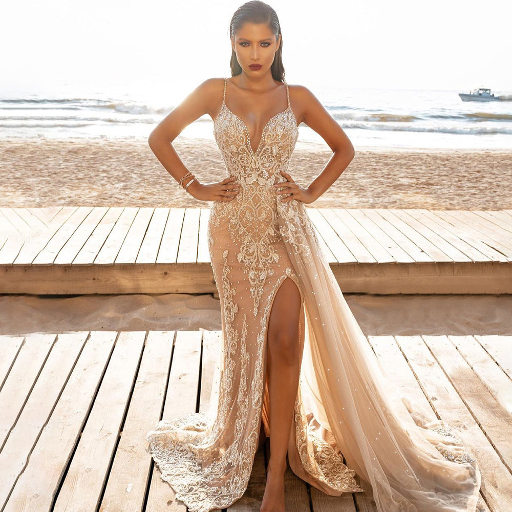 Vestido de noche con abertura alta color champán, elegante sobrefalda de sirena con cuentas, para mujer, fiesta, LA71568, 2025