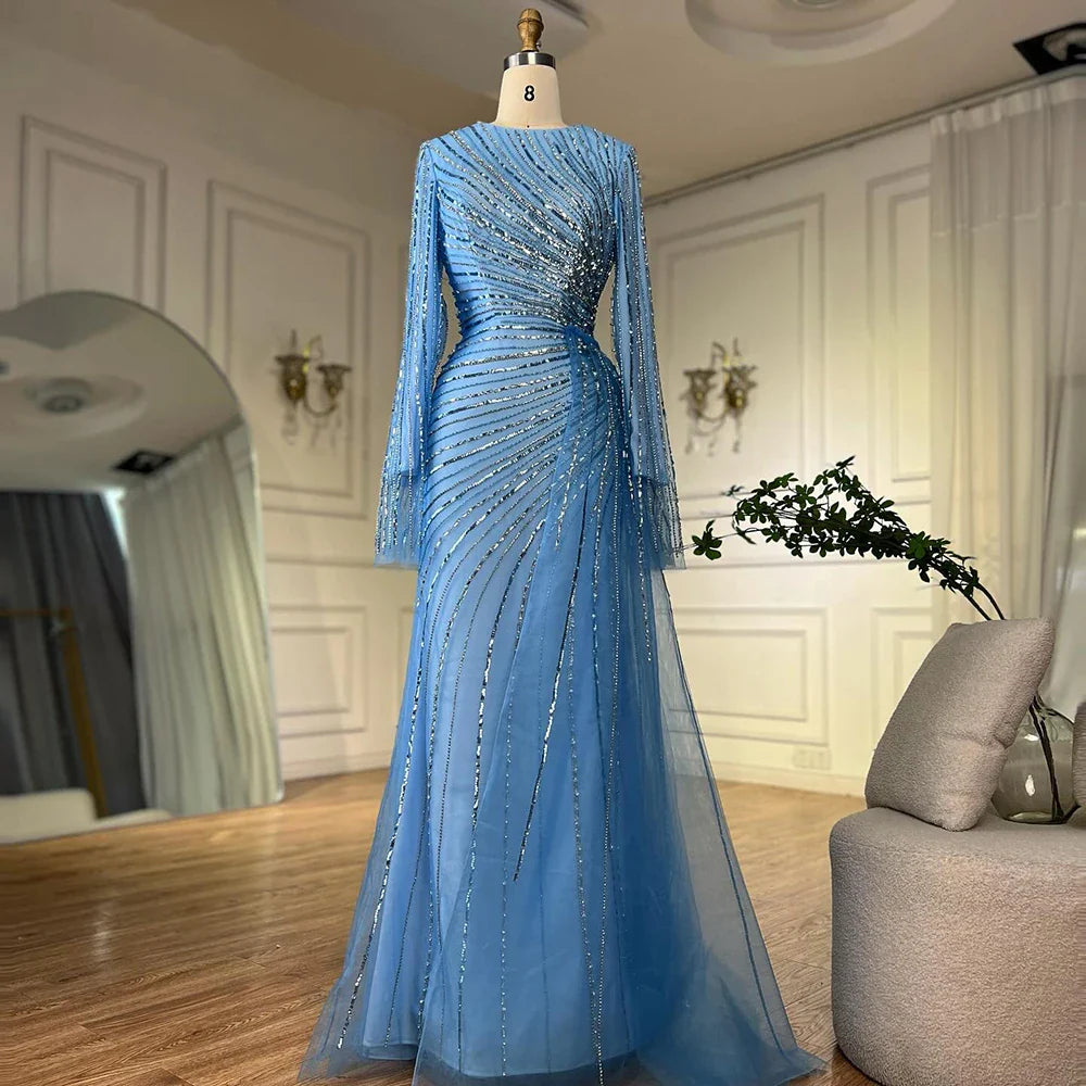 Vestidos de noche saudíes elegantes con cuentas azules, estilo árabe, para ocasiones formales, LA72822, 2025