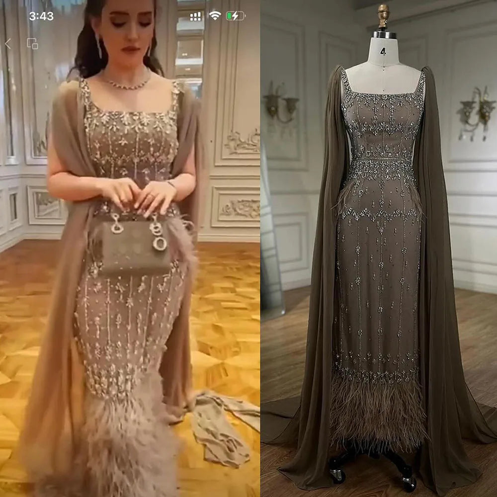 Vestido de noche color caramelo, sirena, largo hasta los tobillos, con cuentas y plumas LA71492B