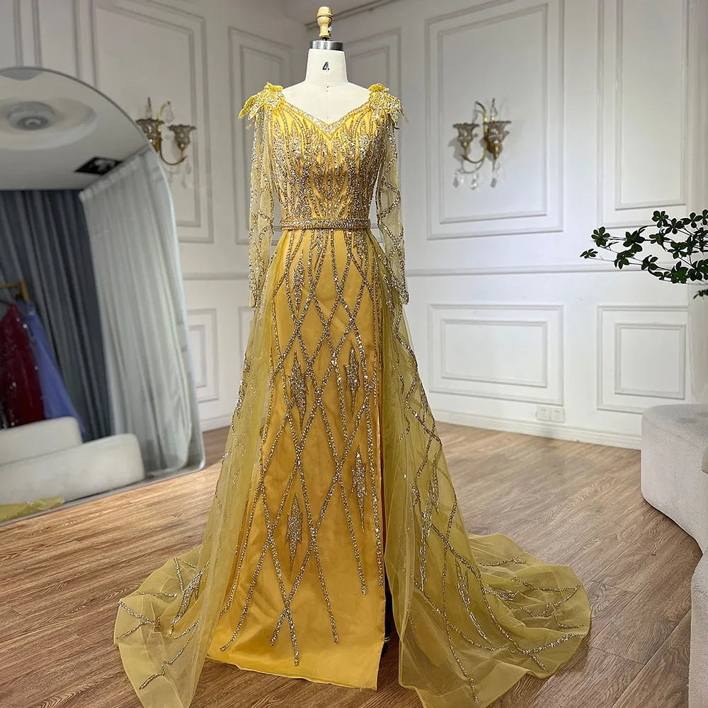 Muslim Gold Mermaid With Overskirt Beaded Luxury Dubai Evening Dresses Gowns 2025 For Women Wedding Party LA72211