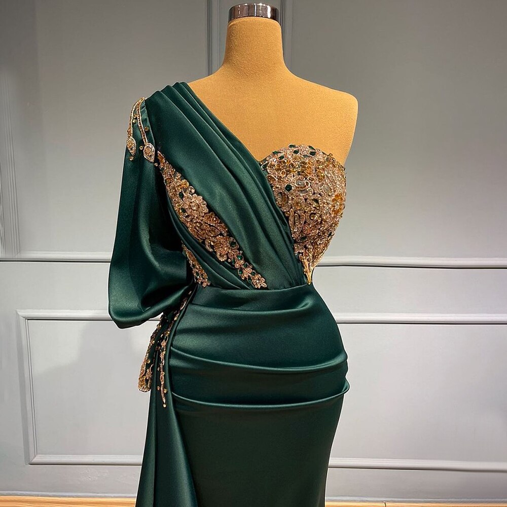 Vestido de noche elegante y sexy de satén con un solo hombro, corte sirena verde, con cuentas de lujo, para mujer, fiesta, LA71706