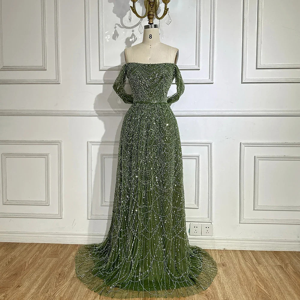 2025 Saudi Nude A Line Off Shoulder Evening Gown with Pearl Beaded Design for Formal Occasion LA72738A