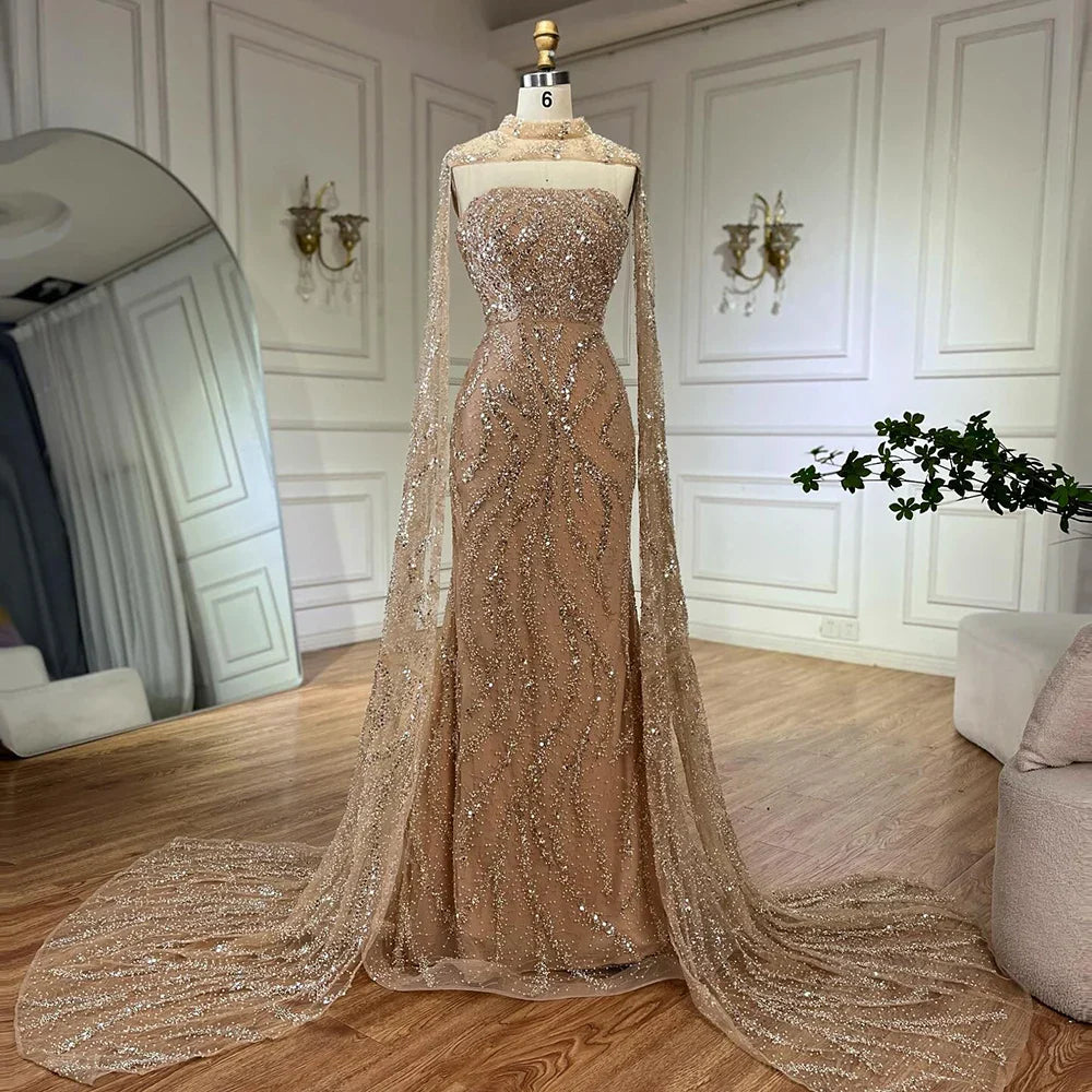 Vestidos de noche de sirena color piel con mangas capa desmontables y espalda con cordones para ocasiones formales LA72824