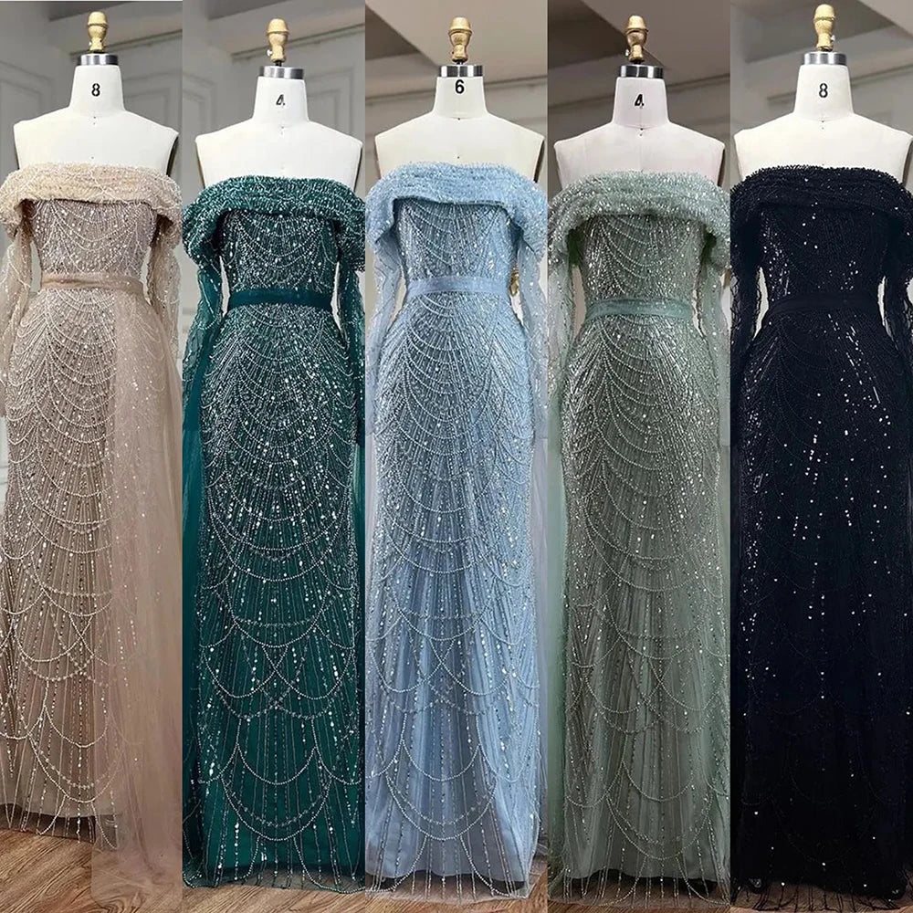 Vestido de noche sirena azul claro con hombros descubiertos y sobrefalda desmontable, Dubái LA72254