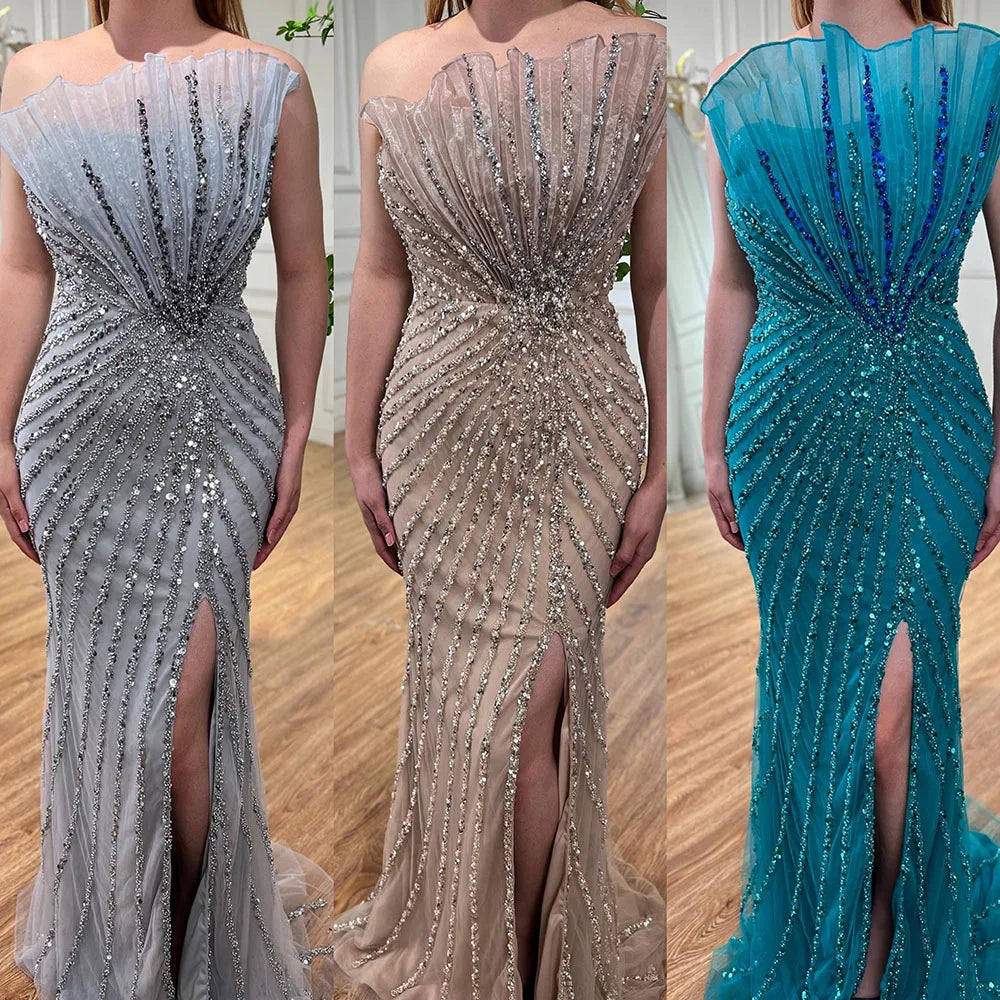 Vestido de noche de sirena con hombros descubiertos y abertura alta, sexy, color caramelo, con cuentas, para mujer, boda, fiesta, LA72049