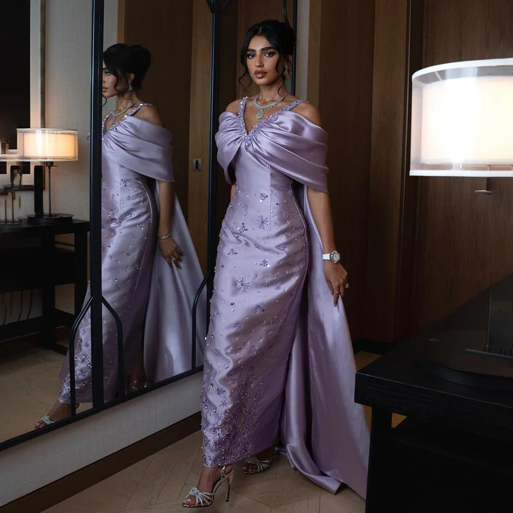 Lilac Off Shoulder Lilac Abendkleid mit Cape Perlenbesetztes Brautkleid LA72529
