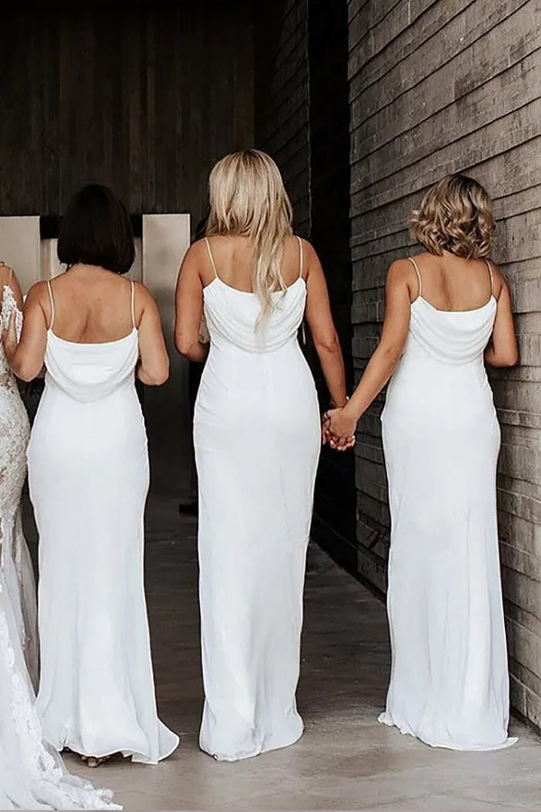 Sheath/Column Cowl Neck Spaghetti Straps Ivory Bridesmaid Dresses BD102