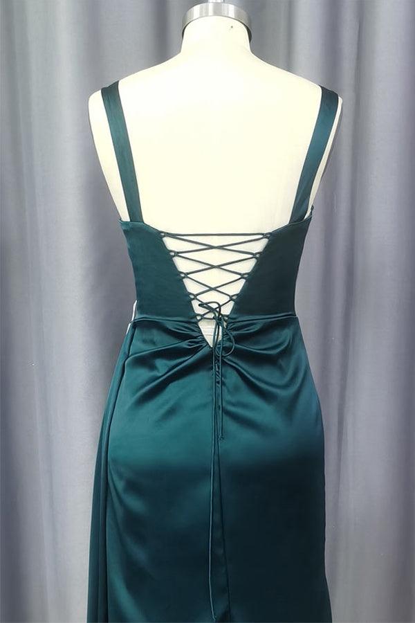 Sheath Sweetheart Sleeveless Sweep Train Satin Prom Dress With Pleated PSK403