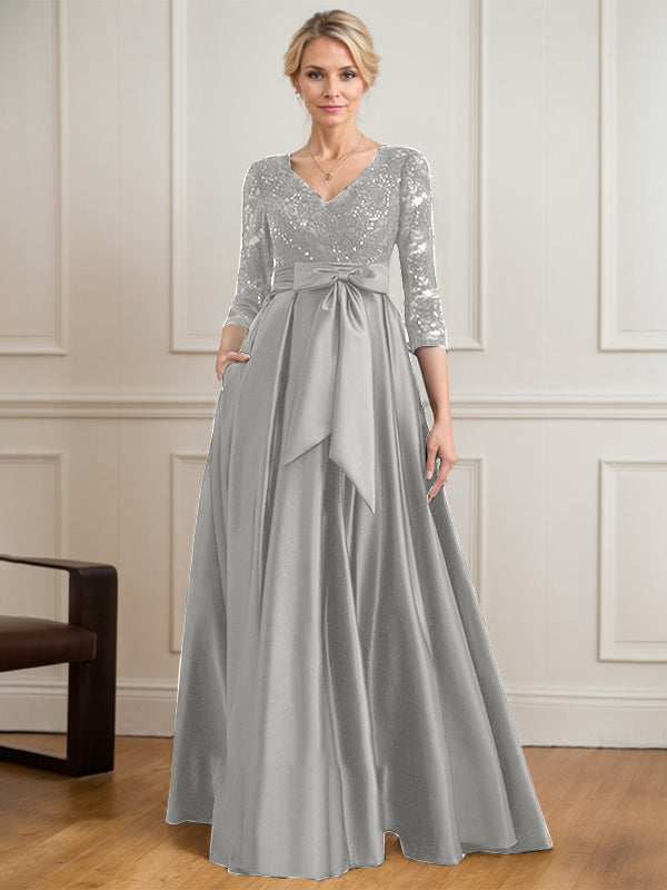 A-Linie V-Ausschnitt Bodenlanges Satin-Spitzenkleid für die Brautmutter mit Paillettenschleife