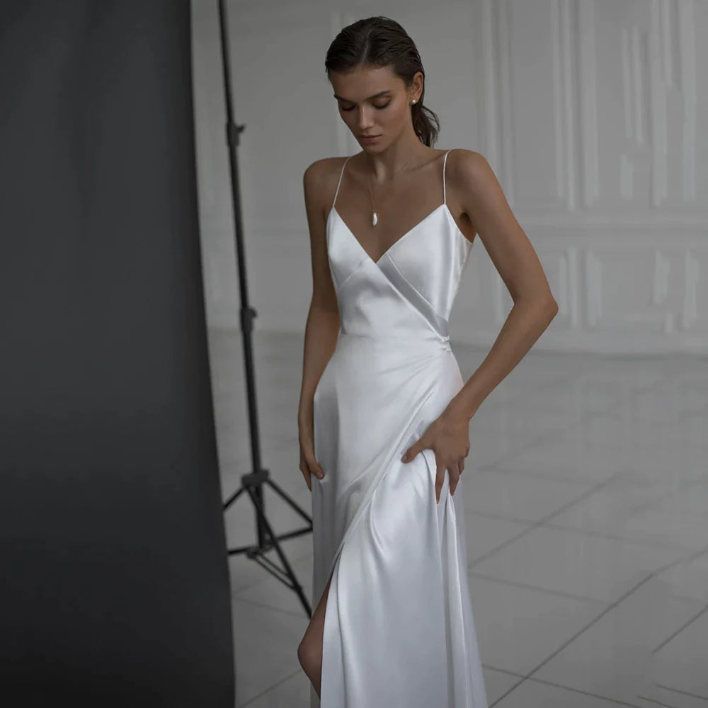 Simple A Line Satin Wedding Dress V Neckline Spaghetti Straps Bridal Gown Sexy High Split Backless Vestido De Novia Custom Made-payinti