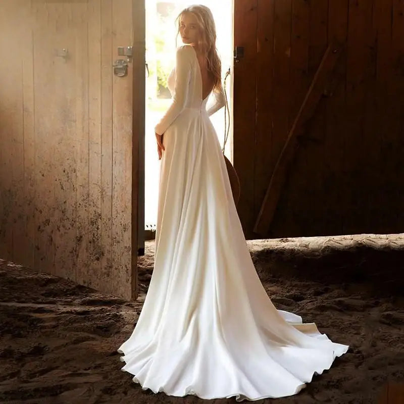 Simple Long Sleeves Wedding Dresses 2024 Sexy Deep V Neck Bridal Gown Backless Sweep Train Civil Robe De Mariee Country Marriage-payinti