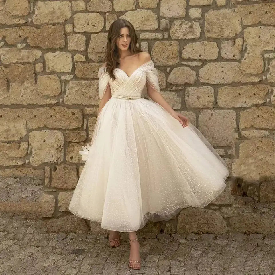 Simple Short Beach Wedding Dress 2022 V Neck Off Shouler Custom Made Bridal Gowns A Line Tea Length Backless Vestidos De Novia-payinti