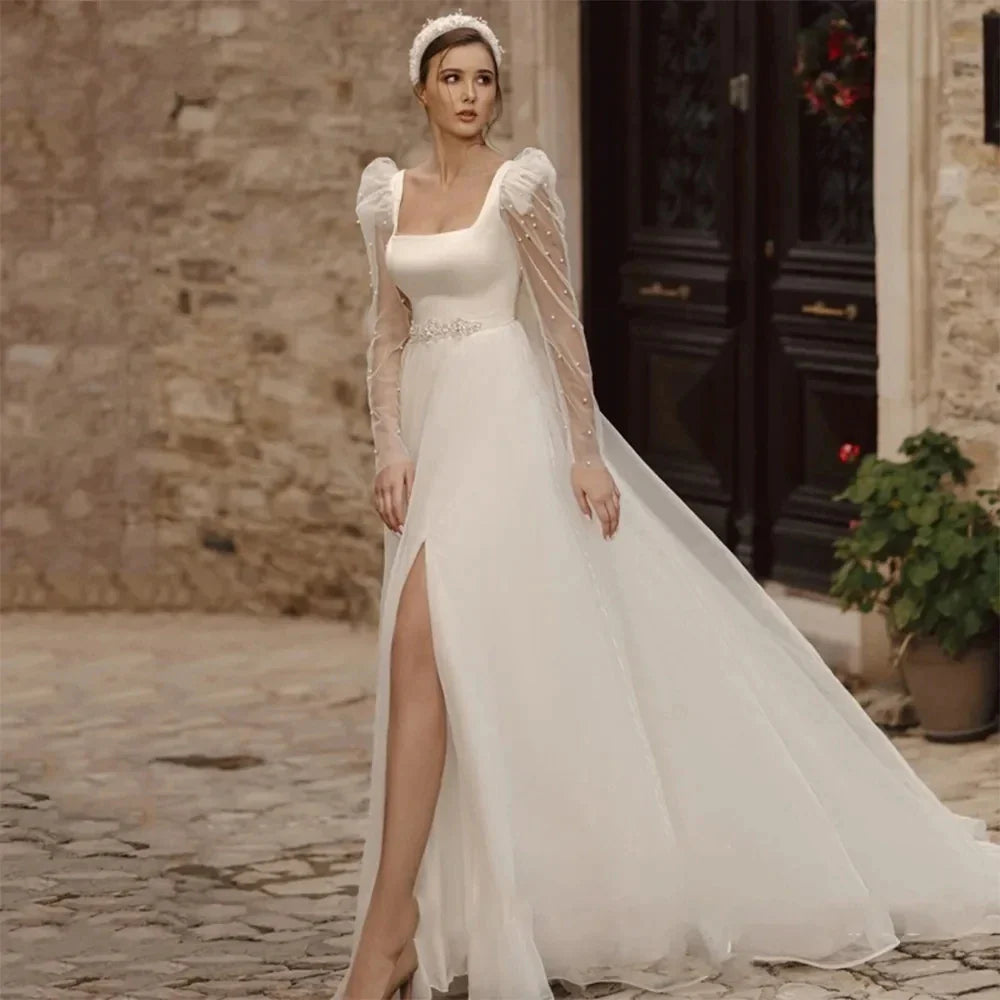 Simple Wedding Dresses A Line Long Illusion Sleeve Fuffy Tulle Ball Gowns Woman's Formal Bride Beach Party Vestidos Para Mujer-payinti