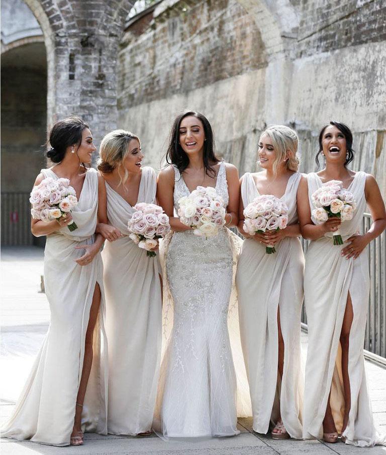 Simple Chiffon V-neck Sweep Train Pleated Bridesmaid Dresses With Slit BD086