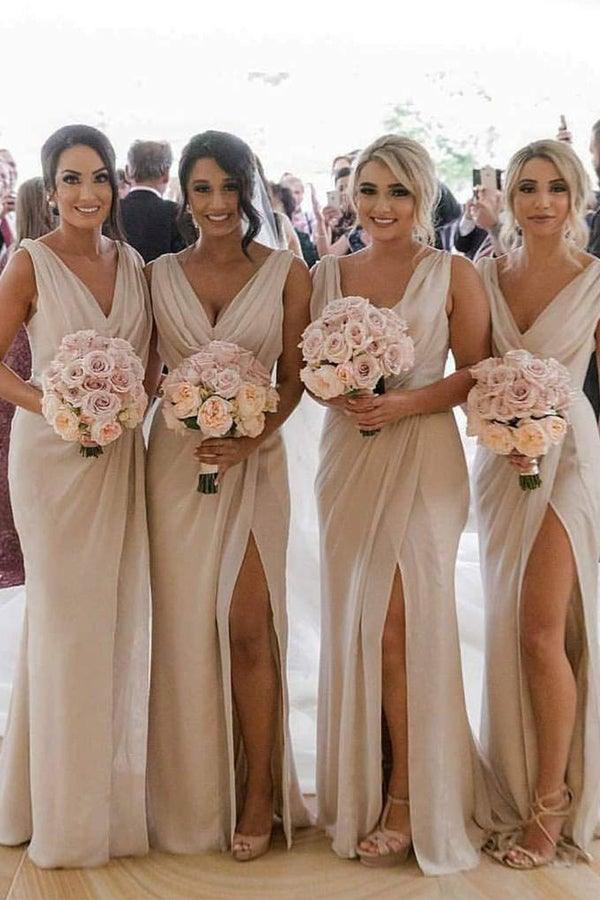 Simple Chiffon V-neck Sweep Train Pleated Bridesmaid Dresses With Slit BD086