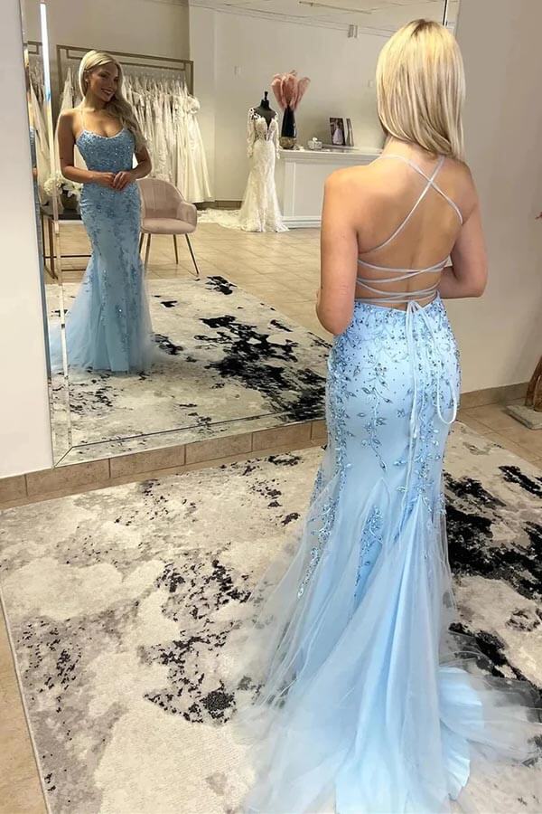 Tulle Mermaid Spaghetti Straps Long Prom Dresses With Lace