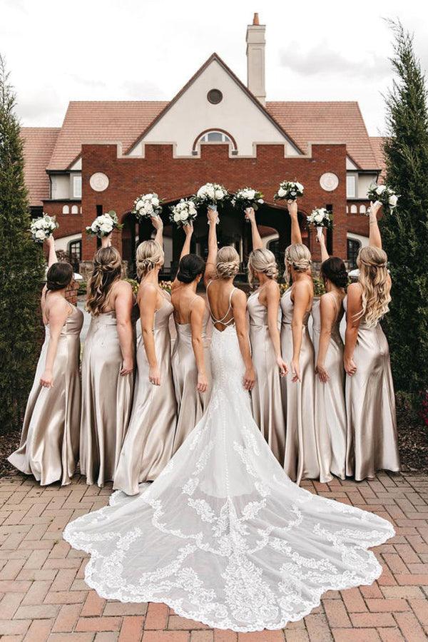 Sleek Spaghetti Straps Silk Satin Floor-length Bridesmaid Dresses BD091
