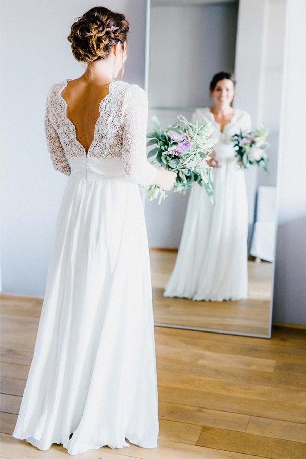 3/4 Sleeve See Through Backless Lace Chiffon Wedding Dresses WD291