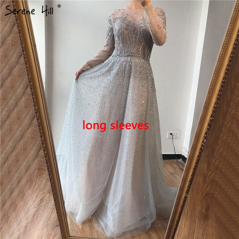 Vestidos de noche de lujo con cuello en A, mangas largas y apliques de cuentas, corte A, sexys, de Cerene Hill (LA60869)