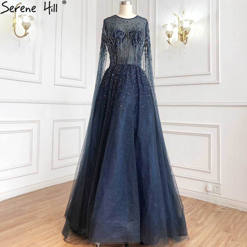 Vestidos de noche de lujo con cuello en A, mangas largas y apliques de cuentas, corte A, sexys, de Cerene Hill (LA60869)