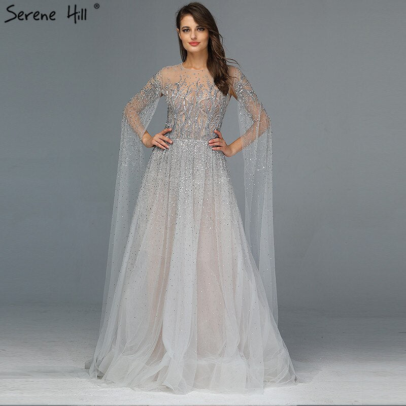 Vestidos de noche de lujo con cuello en A, mangas largas y apliques de cuentas, corte A, sexys, de Cerene Hill (LA60869)
