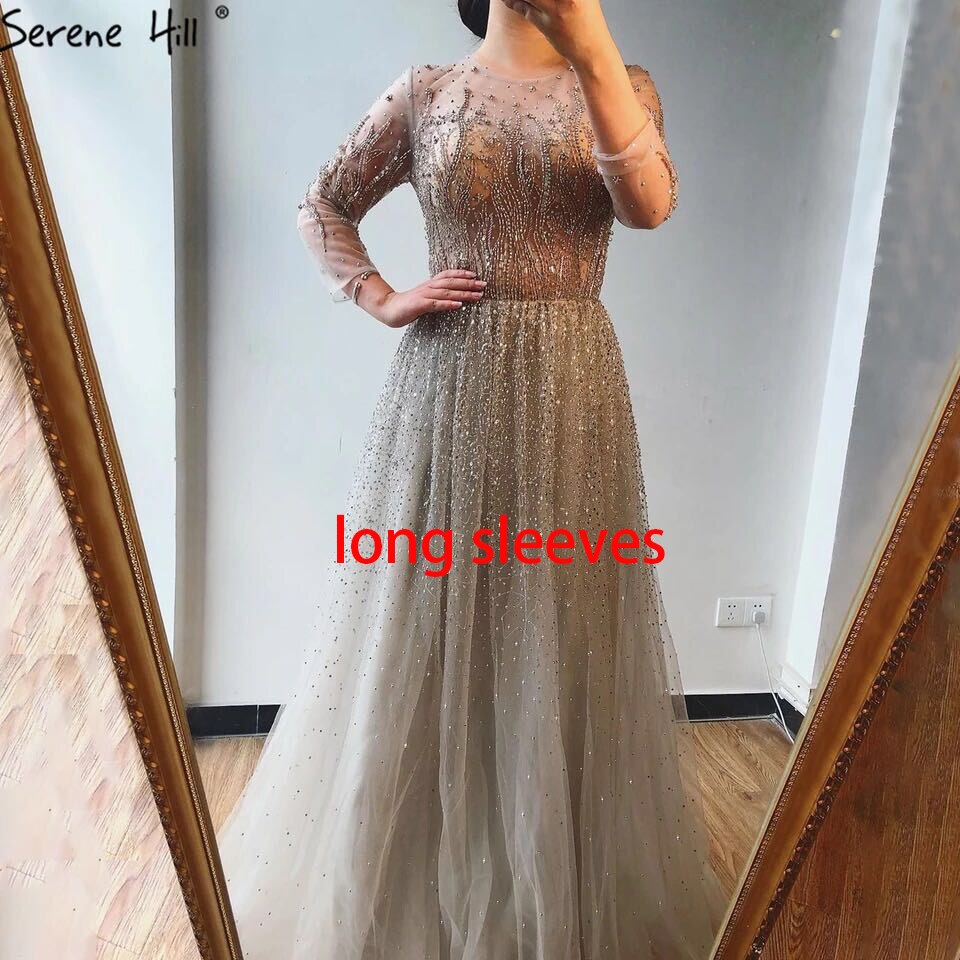 Vestidos de noche de lujo con cuello en A, mangas largas y apliques de cuentas, corte A, sexys, de Cerene Hill (LA60869)