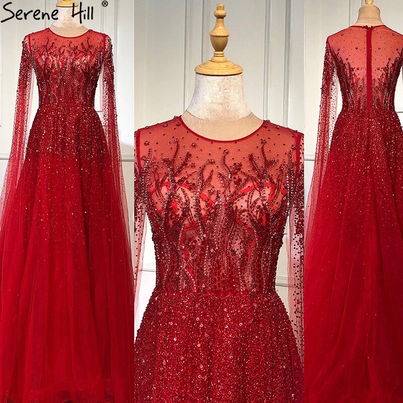 Vestidos de noche de lujo con cuello en A, mangas largas y apliques de cuentas, corte A, sexys, de Cerene Hill (LA60869)