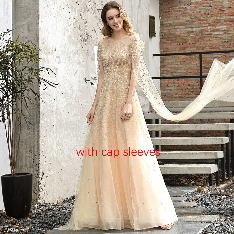 Vestidos de noche de lujo con cuello en A, mangas largas y apliques de cuentas, corte A, sexys, de Cerene Hill (LA60869)
