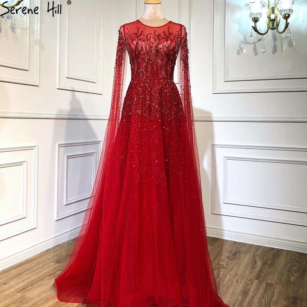 Vestidos de noche de lujo con cuello en A, mangas largas y apliques de cuentas, corte A, sexys, de Cerene Hill (LA60869)